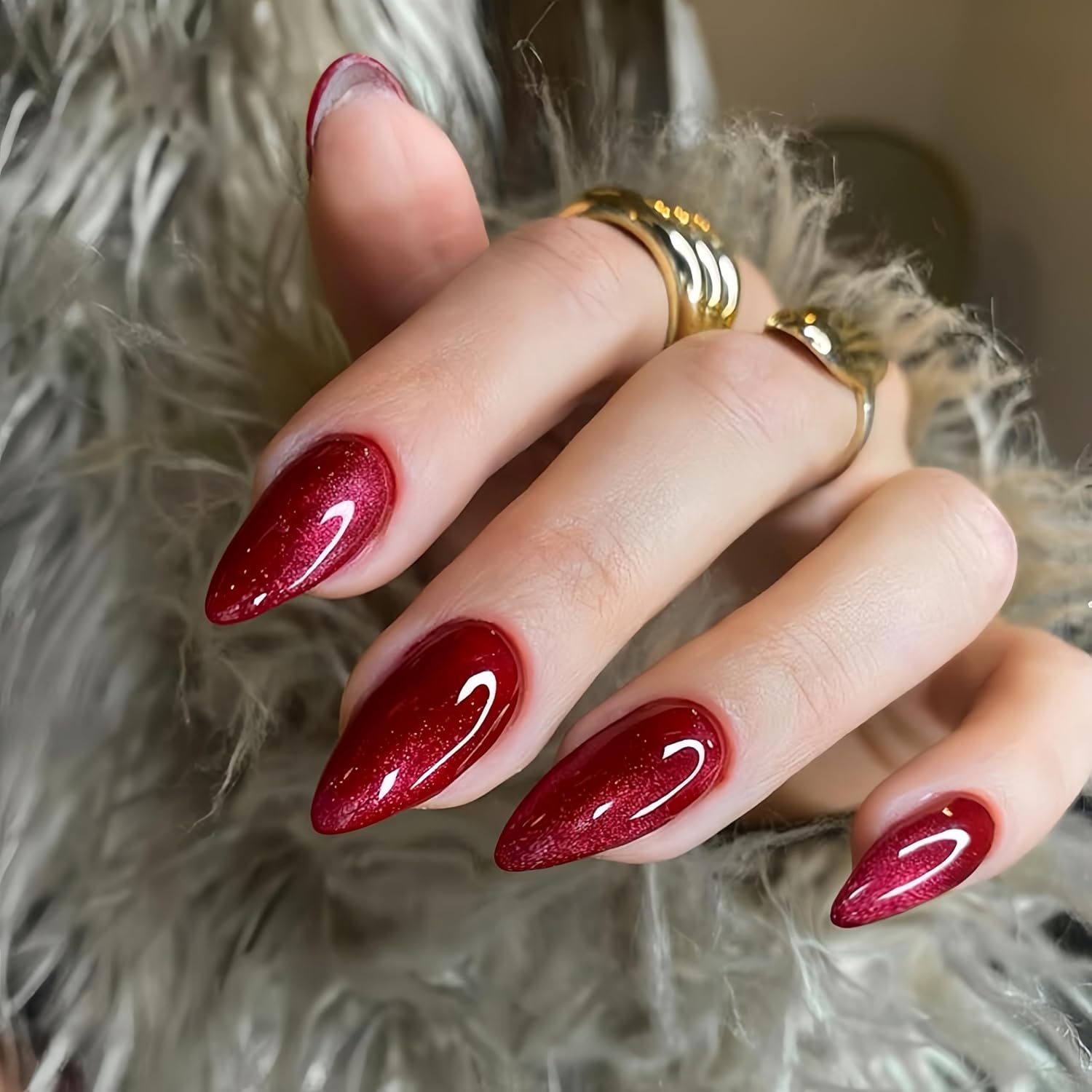 Cat Eye Red Press on Nails Almond Medium,